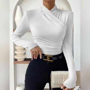 36Q. Nwt Commense Cross-Over Collar Pleated Cinched T-Shirt White Size Large